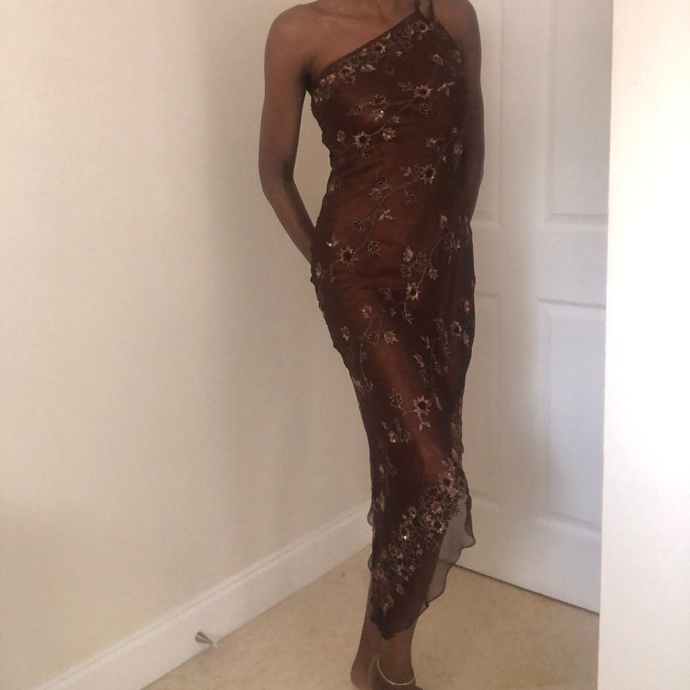 Scala Vintage Asymmetrical Hem Beaded Gown